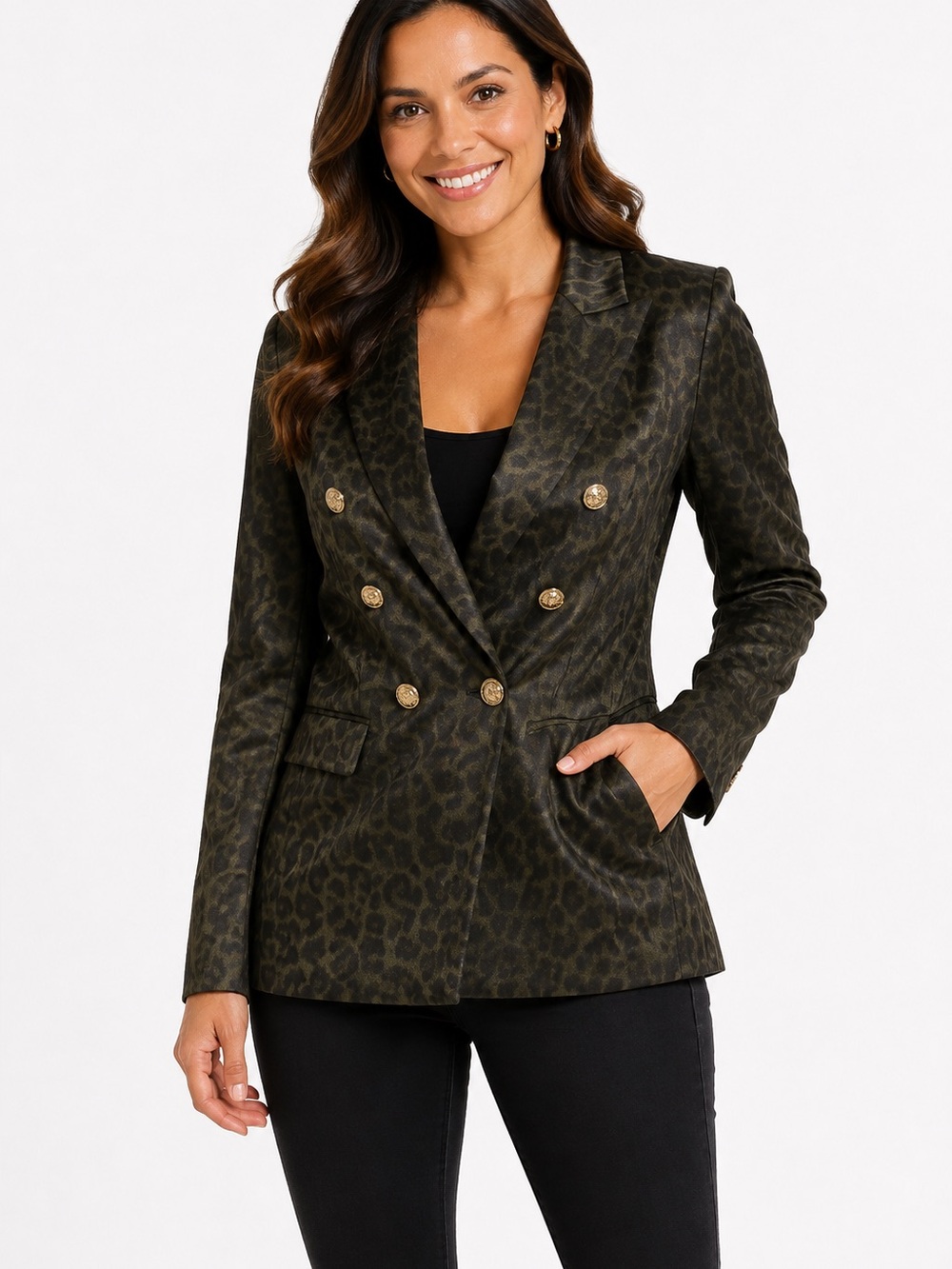 Double-Breasted Leopard Print Blazer Jacket - Olive Green/Black